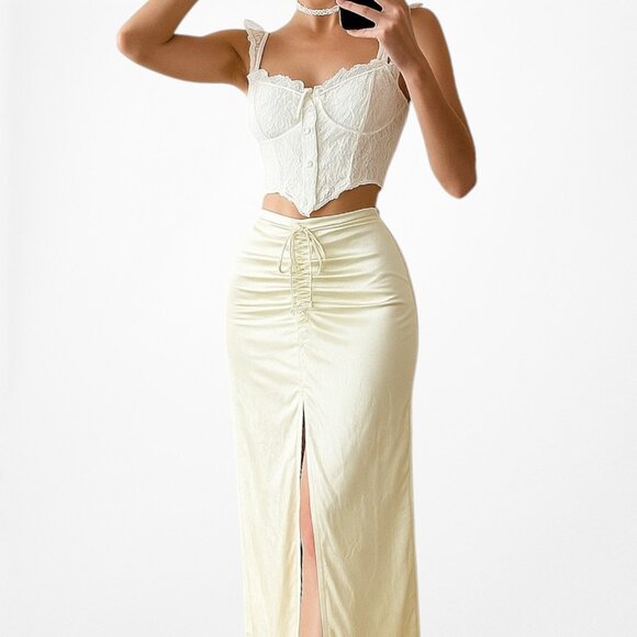 Zara Yellow Satin Pleated Tie Front Slit Midi Pencil Bodycon Skirt Size XS - Picture 1 of 6